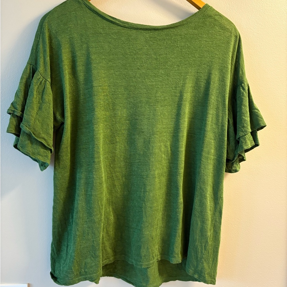 J Jill Love Linen Flutter Sleeve Short Sleeve Blouse 100% Linen Green Size M